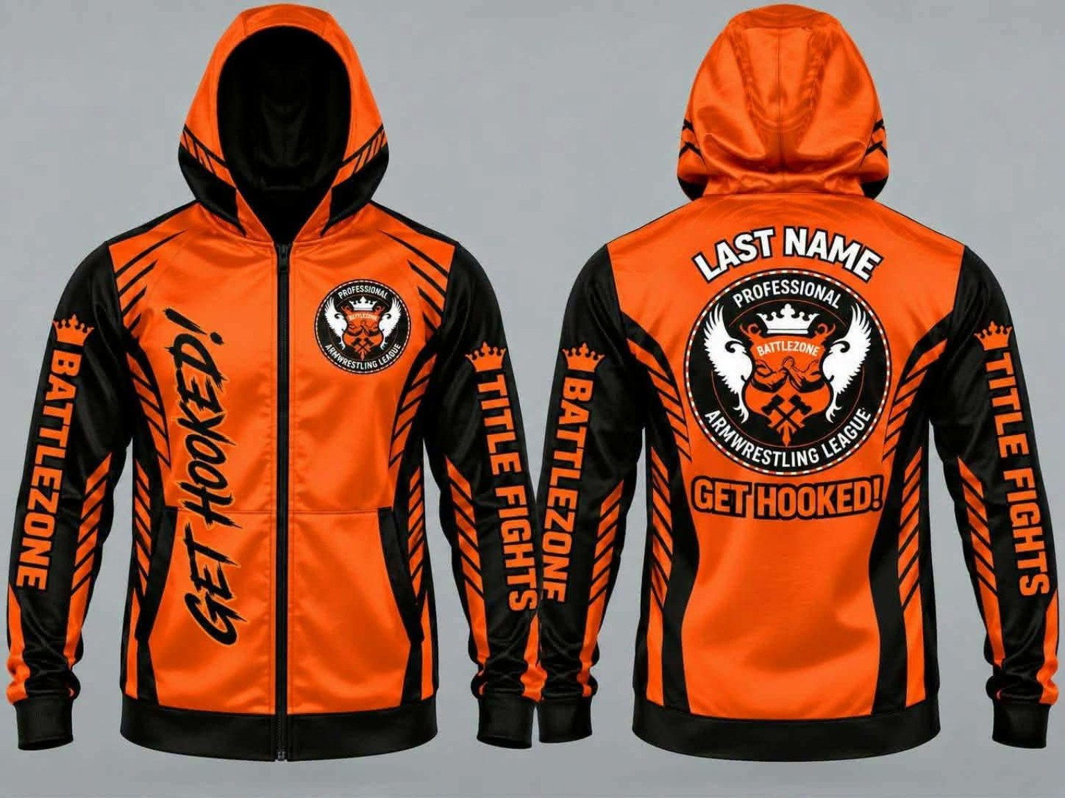 Front and back of the orange and black Battlezone hoodie with custom text on the back