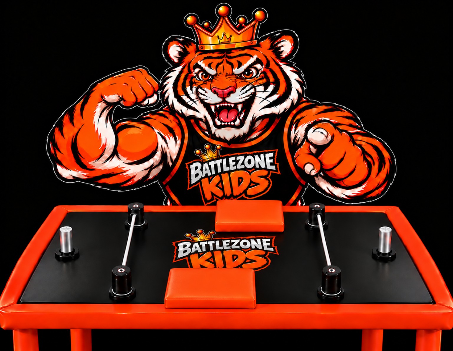 Battlezone Kids tiger mascot at an arm wrestling table